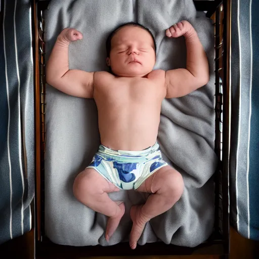 Image similar to huge muscles bodybuilder baby sleeping in a crib, newborn picture, barrel chested, rippling muscles, huge veins, bulging muscles, ripped, award winning photography, high detail