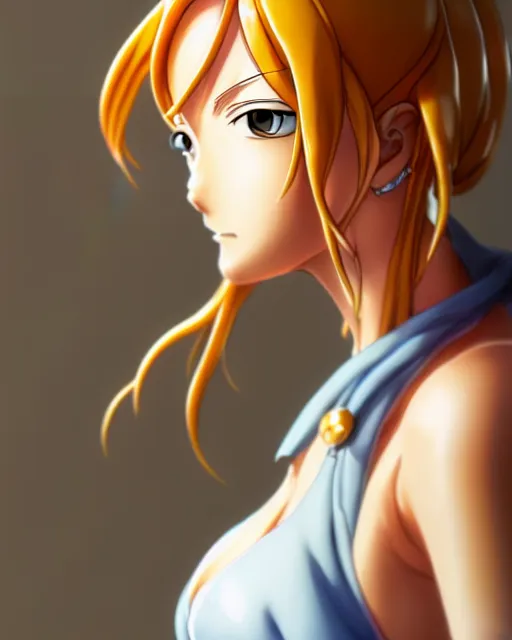 Prompt: nami from one piece, simple cream dress, detailed perfect face, mid view, by artgerm, by studio muti, greg rutkowski makoto shinkai takashi takeuchi studio ghibli