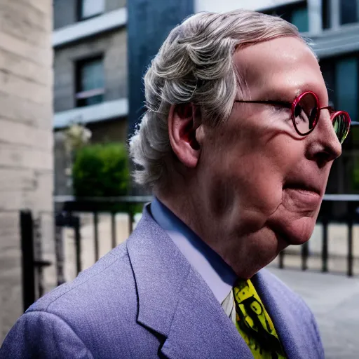 Image similar to senator mitch mcconnell as a soundcloud rapper with face tattoos and gold teeth and rainbow colored hair, profile portrait in front of urban alleyway