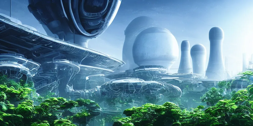 Image similar to beautiful scifi power plant, limitless energy inside, white city far away, blue sky, alien round shape, green plants, futuristic, magical feeling, detailed, digital art