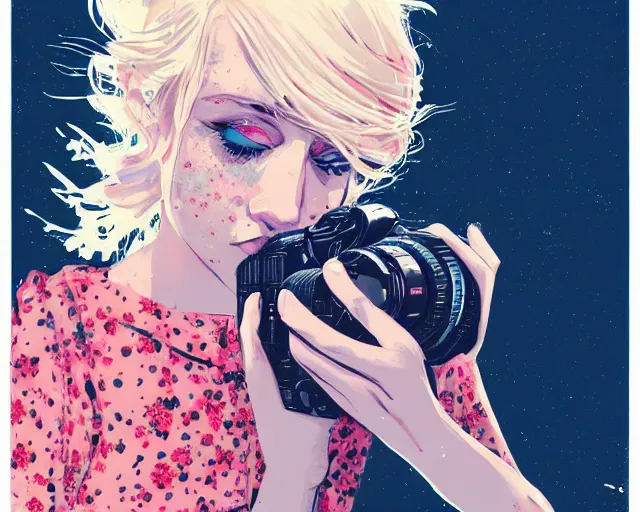 Prompt: pale young woman with bright blonde hair, freckles, blue eyes and a wide face, flowery dress, she is holding a professional dslr camera close to her face, dramatic lighting, bright flare, surreal art by conrad roset