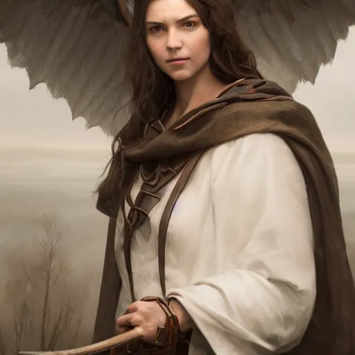 Prompt: portrait of an woman wearing a white cape with a hood and holding an hunter bow, Matte painting , detailed painting, made by Greg Rutkowski, 4k, atmospheric