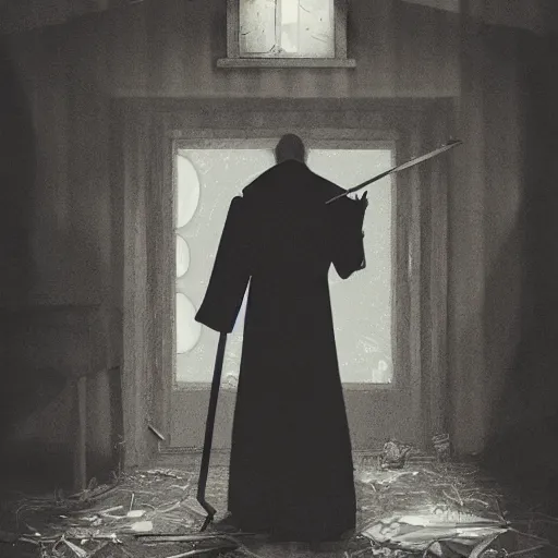 Prompt: the magician with a black robe inside a abandoned house, shadows, lurker, artstation