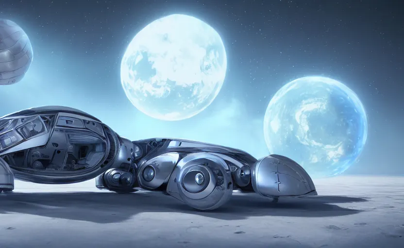 Image similar to a spaceship version of the vw beetle floating in the space, masterpiece, hyperrealistic, futuristic, symmetrical, octane render, unreal engine 5, path traced, highly detailed, high quality, 8 k, cinematic, high coherence, soft lighting, spacecraft, bloom