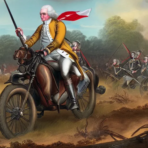 Image similar to George Washington rides a motorcycle to attack the British army in the revolutionary war, epic, cinematic, concept Art, detailed, 4K