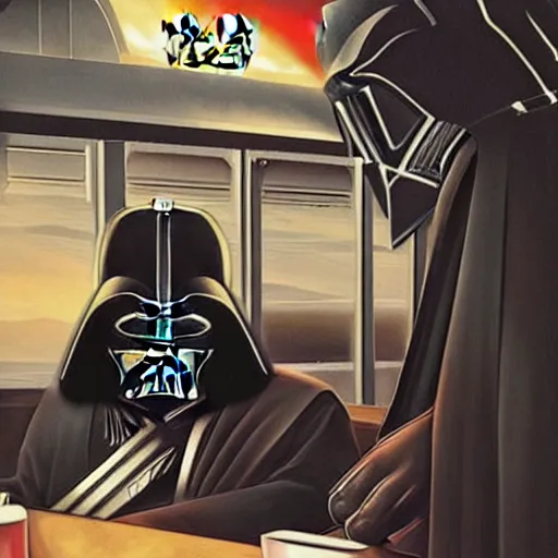 Image similar to (darth vader sits in his TIE Fighter at the taco bell drive through waiting impatiently for his order that will be invariably wrong), artwork by mark brooks and Asher Brown Durand, grand master, cinematic