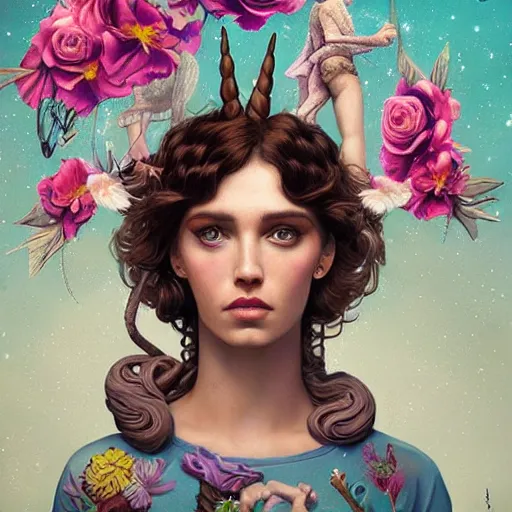 Image similar to Lofi biopunk portrait beautiful woman with short brown curly hair, roman face, unicorn, rainbow, floral, Pixar style, Tristan Eaton, Stanley Artgerm, Tom Bagshaw