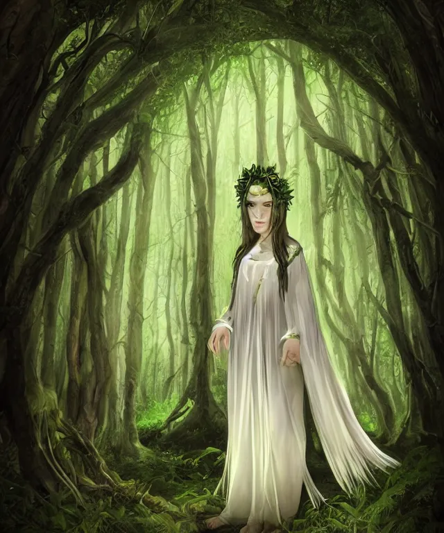 Image similar to young beautiful fey druid woman, full body portrait, white hair, flower crown, dark green robes, intricate, standing in a dark forest, sunbeams, illustration, romanticism