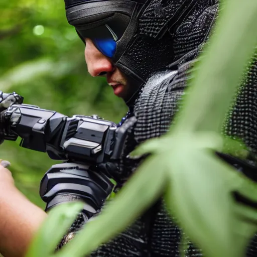 Image similar to close up Crysis Nanosuit shooting at enemies in a jungle combat photography 2022, Canon EOS R3, f/1.4, ISO 200, 1/160s, 8K, RAW, unedited, in-frame,