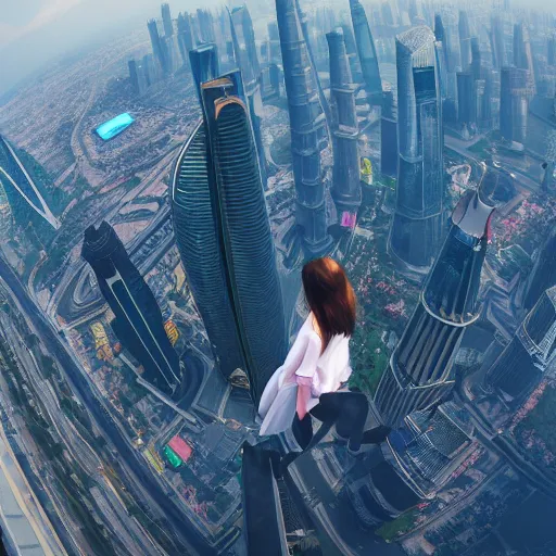 Image similar to a girl flying upon shanghai lujiazui, cityscape, cloud day, artstation, 8 k