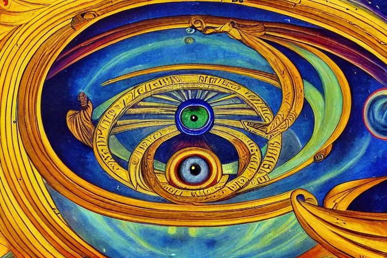 Prompt: painting of ophanim surrounded by large diagonally rotating rings, ophanim has bird wings, giant eyeball in the middle of the ophanim, by george clark stanton amazing details, mythological, biblical, beautiful composition