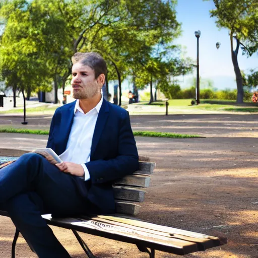 Image similar to A businessman is sitting on a bench eating lunch in a park. Behind him is a tall ladder looming over him, shadows, realistic, 4k