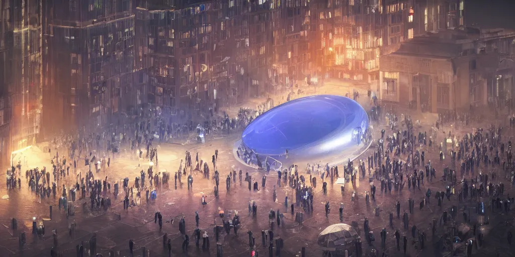 Image similar to policemen protect a huge spiral - shaped luminous object right in the center of the city from protesting people, night, rain and light fog, professional lighting, concept art in 3 d, high detail, professional lighting