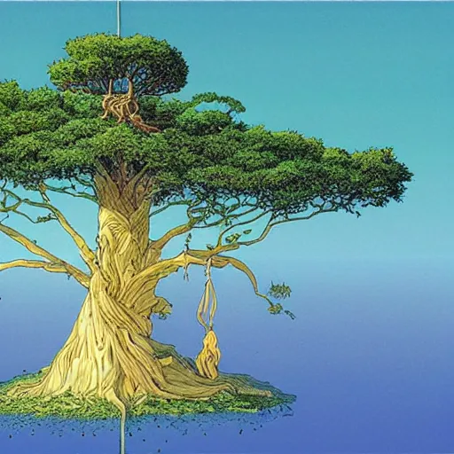Prompt: a large tree growing from a quartz crystal floating in soace, by moebius