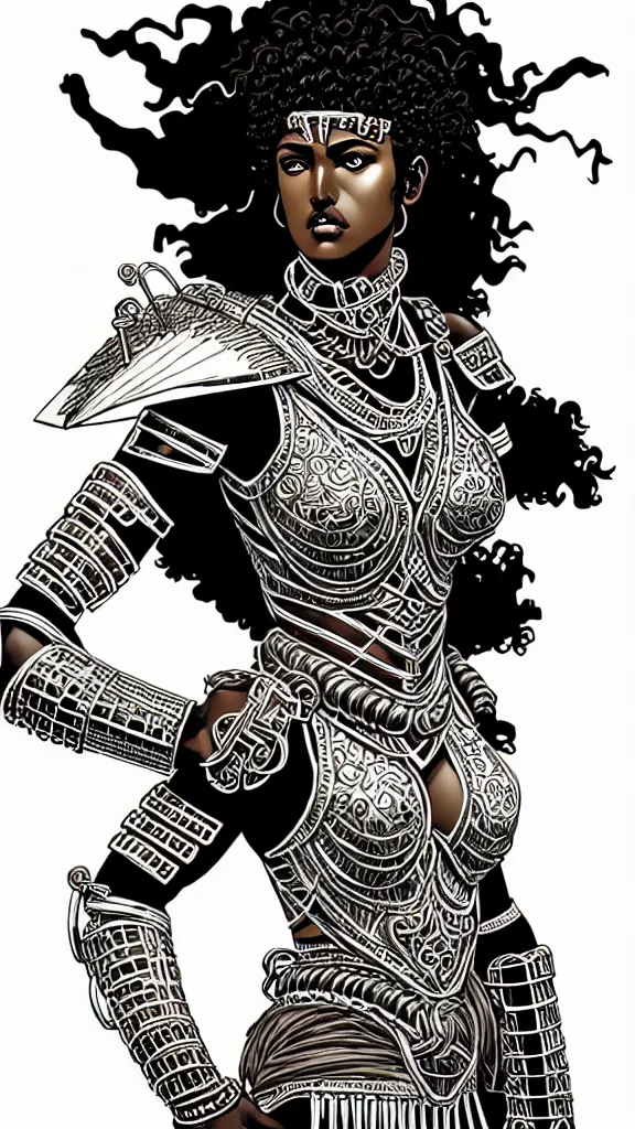 Prompt: greek amazon warrior, a tall beautiful woman with brown skin and long curly dark hair, dressed in hellenistic body armour, intricate, elegant, highly detailed, smooth, sharp focus, detailed face, high contrast, graphic novel, black and white, art by laurie greasley