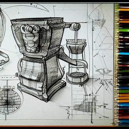 Image similar to various sketches of a futuristic coffee grinder in the style of leonardo da vinci, ultra detailed, scribbles, technical drawing, engineering blueprints