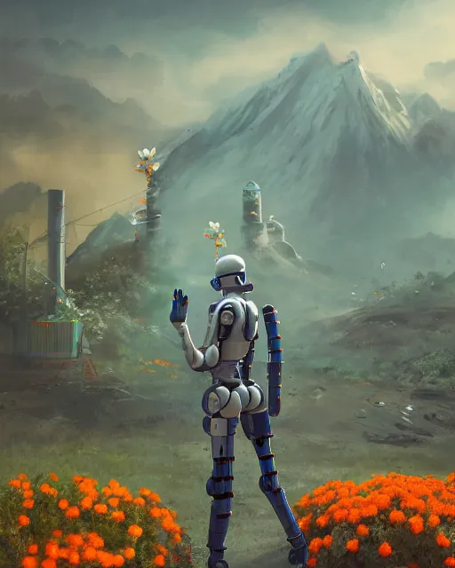 Prompt: friendly carrot cyborg, robocop, scifi farm, morning light, aura of carrots, weather station, flowers, cinematic, mountains, epic design, atmosphere, welcoming smile, high quality, perfect, 8 k high detail, masterpiece, trending on artstation, by akihiko yoshida