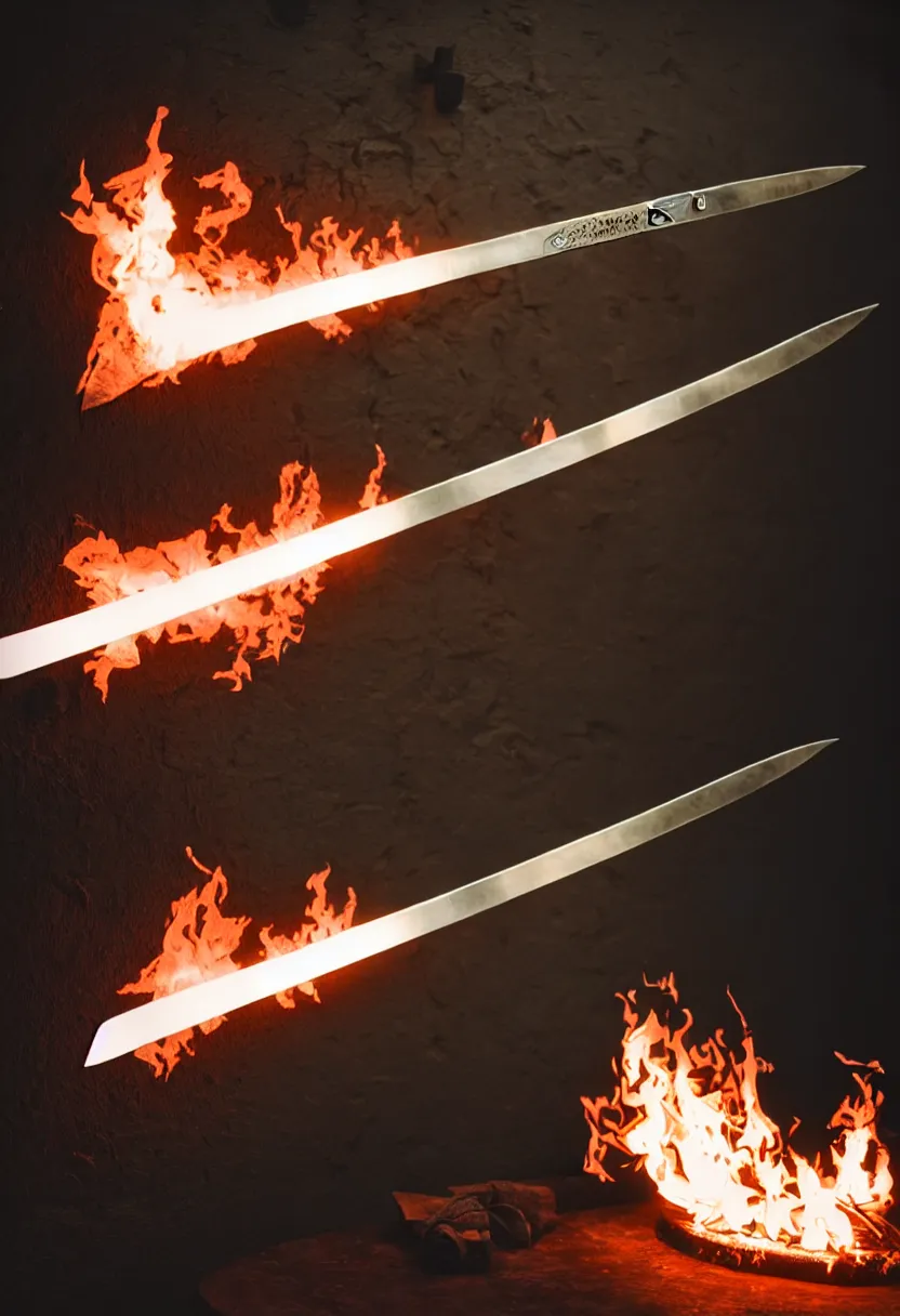 Image similar to photo of a magical fantasy longsword displayed on a wall. the sword is glowing with hot fire power and giving off a subtle black smoke.