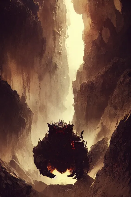Image similar to looking up at a balrog in a vast cavern, intricate, elegant, highly detailed, john park, frazetta, sparth, ruan jia, jeffrey catherine jones