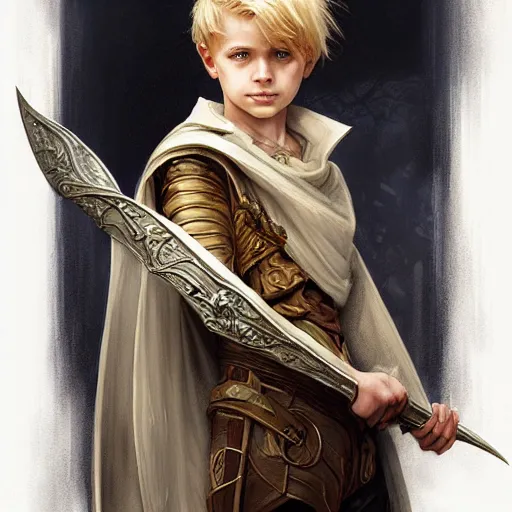 Image similar to an epic fantasy comic book style portrait painting of a young blonde boy wearing plain thief clothes, confident, d & d, fantasy, intricate, elegant, highly detailed, digital painting, artstation, concept art, matte, sharp focus, illustration, art by artgerm and greg rutkowski and alphonse mucha