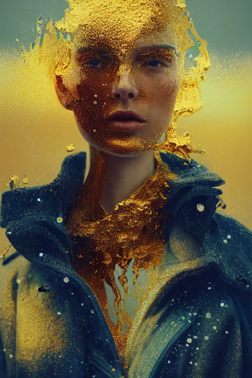 Prompt: 3 d, close - up, fashion model, winter, liquid gold, morning, sun rays, vogue cover style, poster art, hyper detail, intricate oil painting, multiple exposure, hell mood, 3 d, by tooth wu and wlop and beeple and greg rutkowski