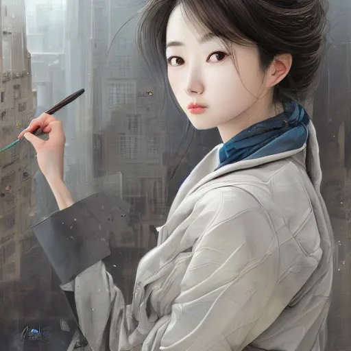 Image similar to dynamic composition, motion, ultra-detailed, incredibly detailed, a lot of details, amazing fine details and brush strokes, colorful and grayish palette, smooth, HD semirealistic anime CG concept art digital painting, watercolor oil painting of a young office lady, by a Chinese artist at ArtStation, by Huang Guangjian, Fenghua Zhong, Ruan Jia, Xin Jin and Wei Chang. Realistic artwork of a Chinese videogame, gradients, gentle an harmonic grayish colors.