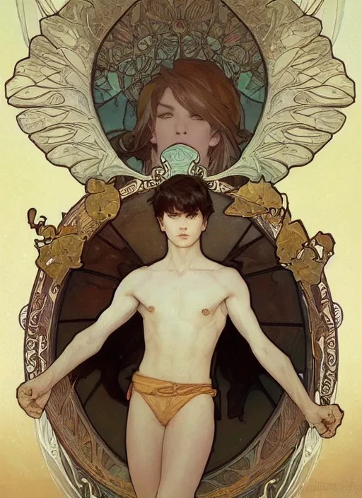 Image similar to digital character concept art by artgerm and greg rutkowski and alphonse mucha. portrait, young fourteen year old boy, like a young god, beautiful, angel wings!, holding a staff, detailed, poster art, light effect, glowing, hyper detail, intricate, elegant, digital painting, artstation, smooth, sharp focus