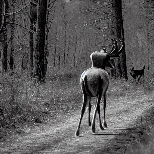 Prompt: alien riding on the back of a deer, grainy trail cam, black and white