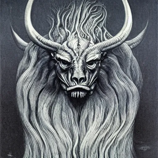 Image similar to a creature with the body and eyes of a man, with the beak of an eagle, the mane of a lion, and the horns of an ox. drawn by zdzislaw beksinski and giger, dark blue