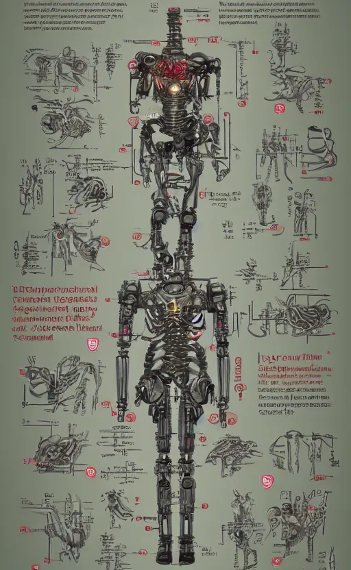 Prompt: anatomy of the terminator, robot, cyborg, t100, bloodborne diagrams, mystical, intricate ornamental tower floral flourishes, technology meets fantasy, map, infographic, concept art, art station, style of wes anderson