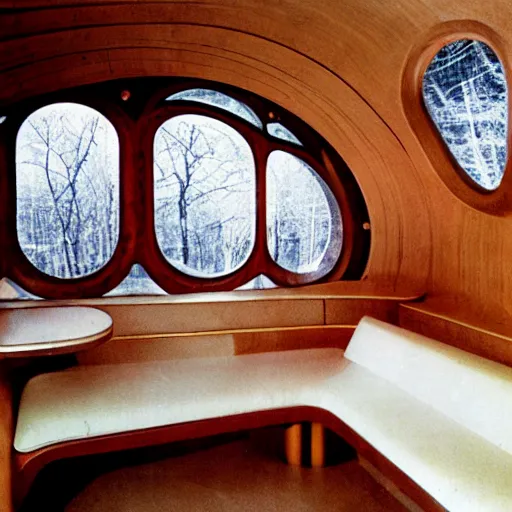 Image similar to the interior of a 1 9 7 0 s space ship carved out of wood, designed by eero saarinen, trees and snow visible through the windows