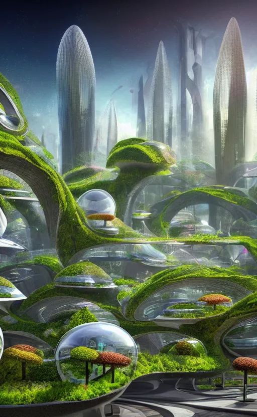 Prompt: beautiful scifi futuristic biophilic city architectural colorful landscape, arches, cellular bridges, stone columns, rhizomorph finials spires, fractal puffballs, vincent callebaut, minimalist, iris van herpin, elegant lace haute couture broad embroidered cone trees, brackets, porcelain magnolia fluid nebula, soldier lichen, soft light, unreal engine