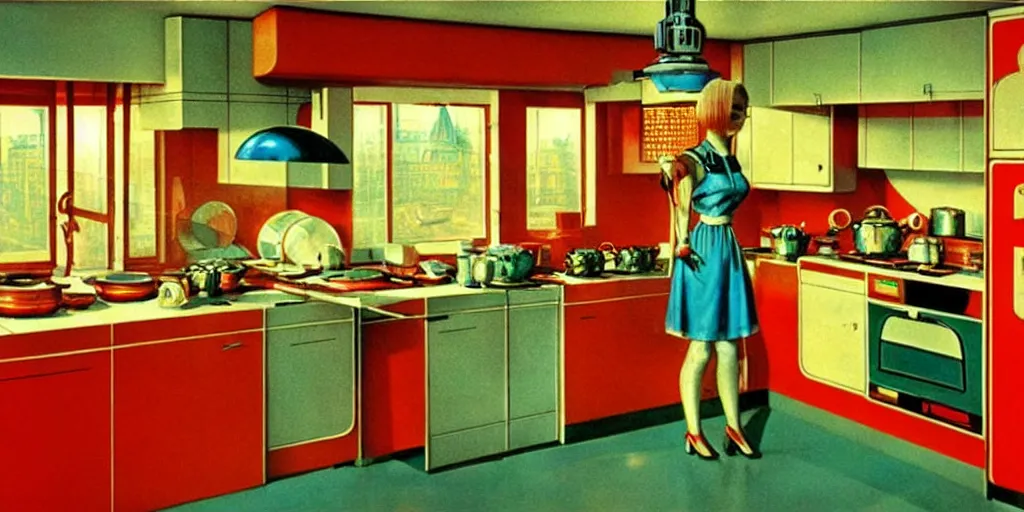 Image similar to soviet retro - futuristic kitchen by drew struzan