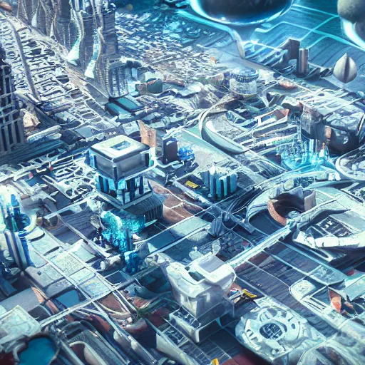 Image similar to futuristic city on a river, sunny day, aerial view, hyperdetailed, sharp, artstation, octane render