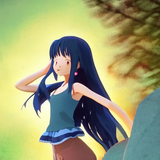 Image similar to a wholesome animation key shot of a girl with long dark blue hair and a raccoon tail, medium shot, studio ghibli, pixar and disney animation, sharp, rendered in unreal engine 5, anime key art by clamp, bloom, dramatic lighting