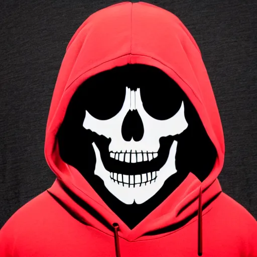 Image similar to a skeleton in a red hoodie with a rifle ultrarealism