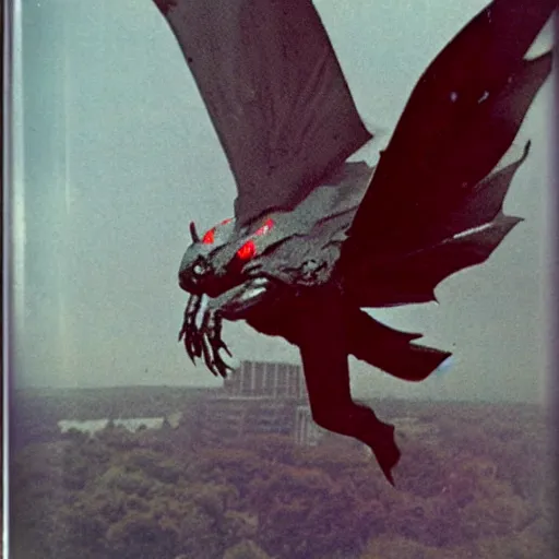 Image similar to Polaroid photo of Mothman flying, detailed, with red eyes, dark, brooding, scary