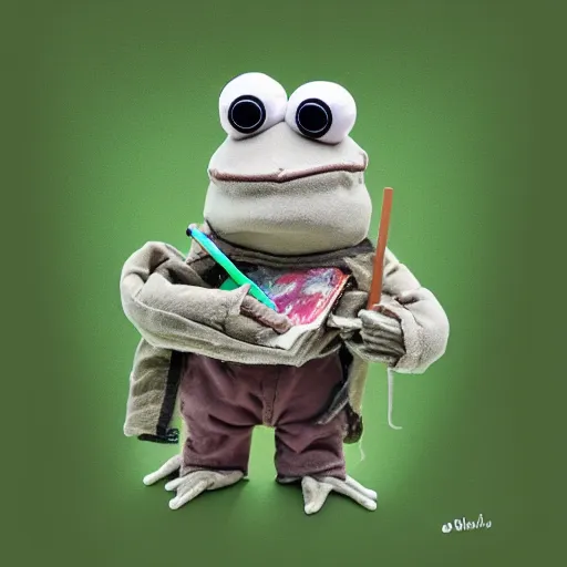 Image similar to photorealistic frog cleric as a chibi muppet plush made from transparent sheer fabric wearing a wolf skull on its head and carrying a tiny sketch book and pencil, photography, national geographic, sesame street