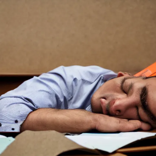 Image similar to a bizzaro worker asleep between piles of papers, high def