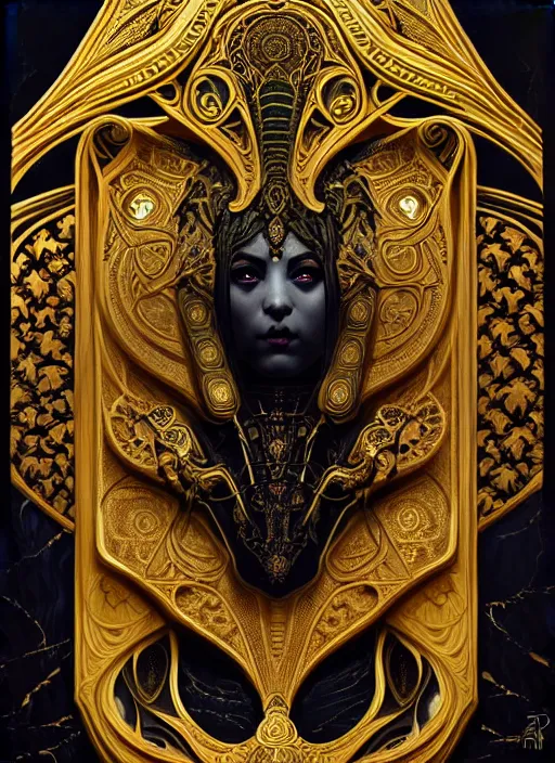 Image similar to sacred sarcophagus, ornate art nouveau scarabs, black and gold palette, symmetry, fantasy, intricate, elegant, highly detailed, colorful, dark colors, dramatic shadow, digital painting, artstation, concept art, art by artgerm and greg rutkowski and ruan jia,