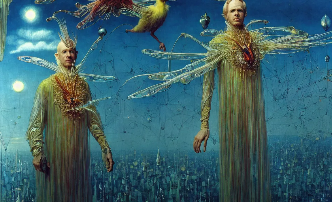 Image similar to realistic detailed portrait movie shot of a birdman wearing reflective transparent robes, sci fi city landscape background by denis villeneuve, amano, yves tanguy, alphonse mucha, ernst haeckel, max ernst, roger dean, masterpiece, rich moody colours, blue eyes