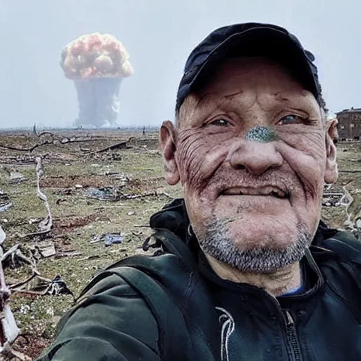 Image similar to last selfie of last alive ukrainian very damaged body to bones running from nuclear strike, a nuclear explosions in the background, dead bodies everywhere, 2 0 2 2