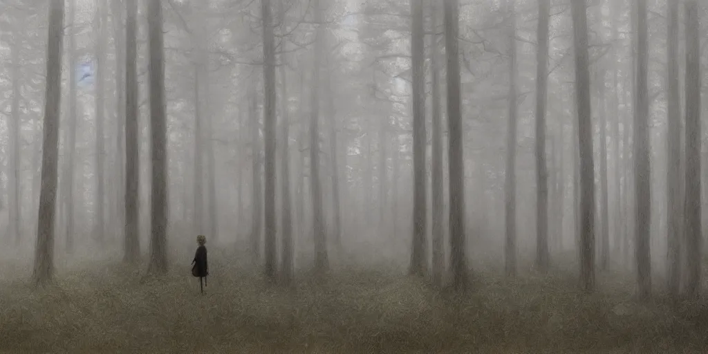 Image similar to a girl in a forest by Aron Wiesenfeld, cinematic, detailed illustration, nature, fog, dark colors, suspense, train the background, intricate, 8k