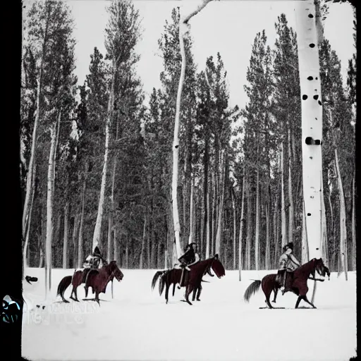 Image similar to photograph of savage plains indians on the warpath riding horses through some aspen trees in the snow attacking