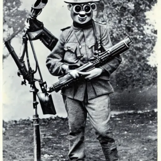 Prompt: old wartime photograph of crazy frog holding a lewis gun, 1 9 1 7