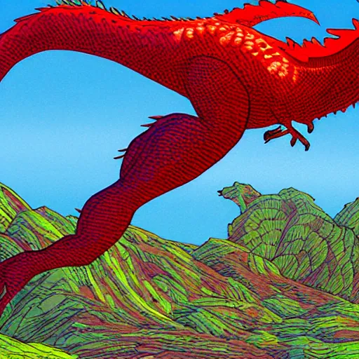 Image similar to red velociraptor on a magnificent colorful planet moebius style