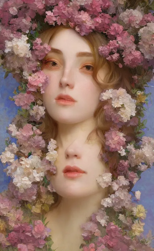 Image similar to a oil painting of a beautiful woman on a white background, flowers, painted by mucha, floral headdress, 8 k resolution, octane render, trending on artstation, volumetric light