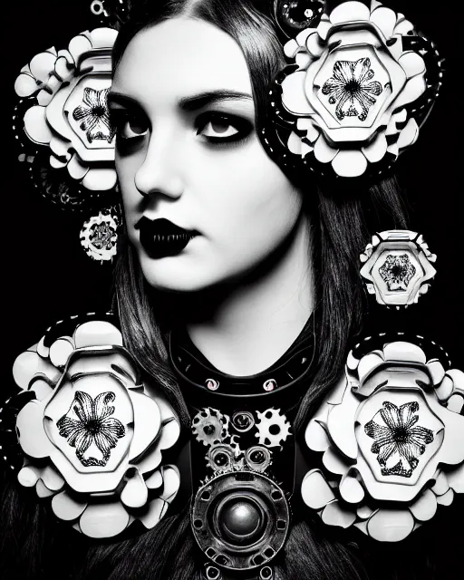Image similar to black and white masterpiece profile portrait, one steampunk eye silver hexagonal meshes floral biomechanical beautiful young female cyborg, big monocular, volumetric light, hibiscus flowers, by hg giger, rim light, big gothic fashion pearl embroidered collar, 8 k