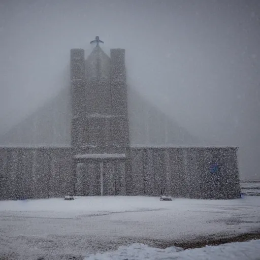 Image similar to a monolithic cathedral in the artic. overcast sky, grainy, snowing.