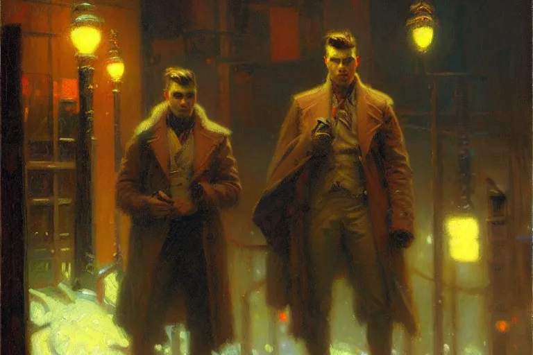 Image similar to winter, attractive male, neon light, cyberpunk, painting by gaston bussiere, craig mullins, j. c. leyendecker